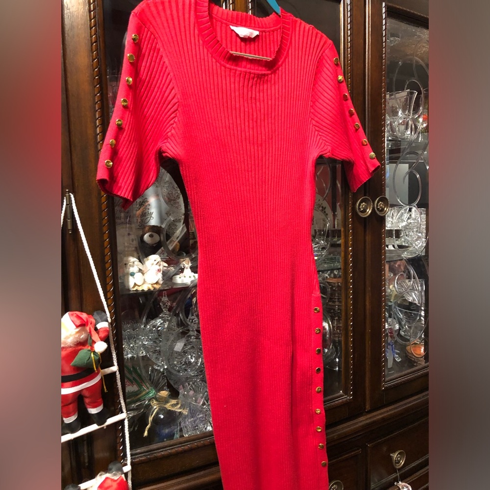 Red Ribbed Dress with gold Button Detail